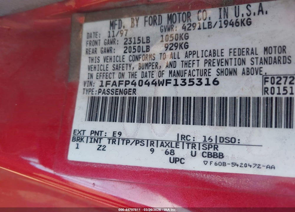 1998 FORD MUSTANG VIN: 1FAFP4044WF135316