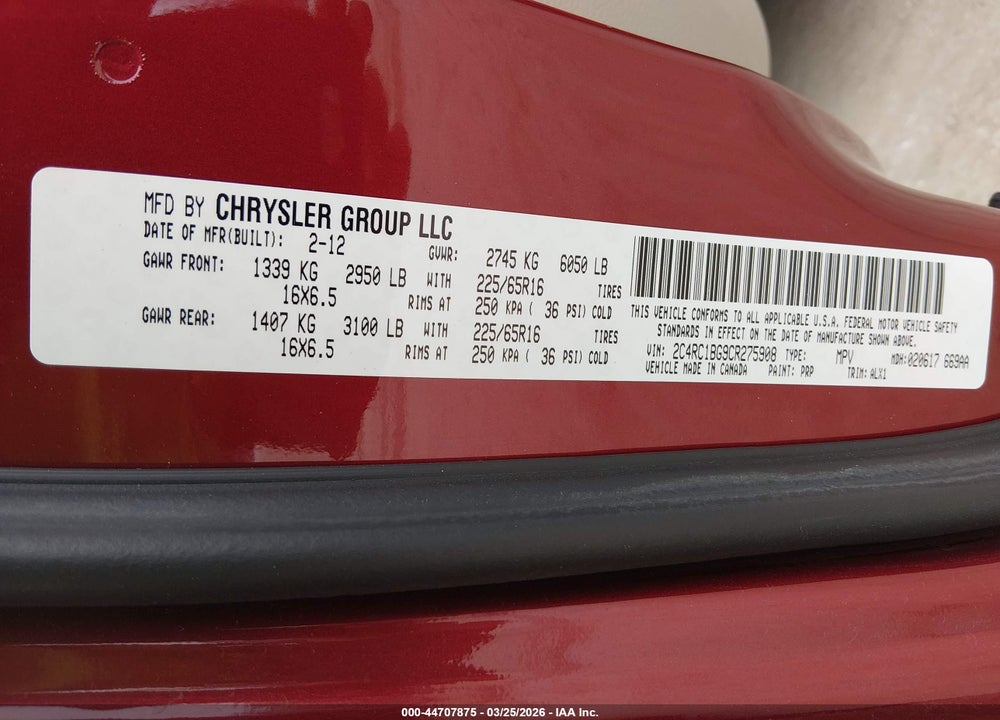 2012 CHRYSLER TOWN & COUNTRY TOURING VIN: 2C4RC1BG9CR275908