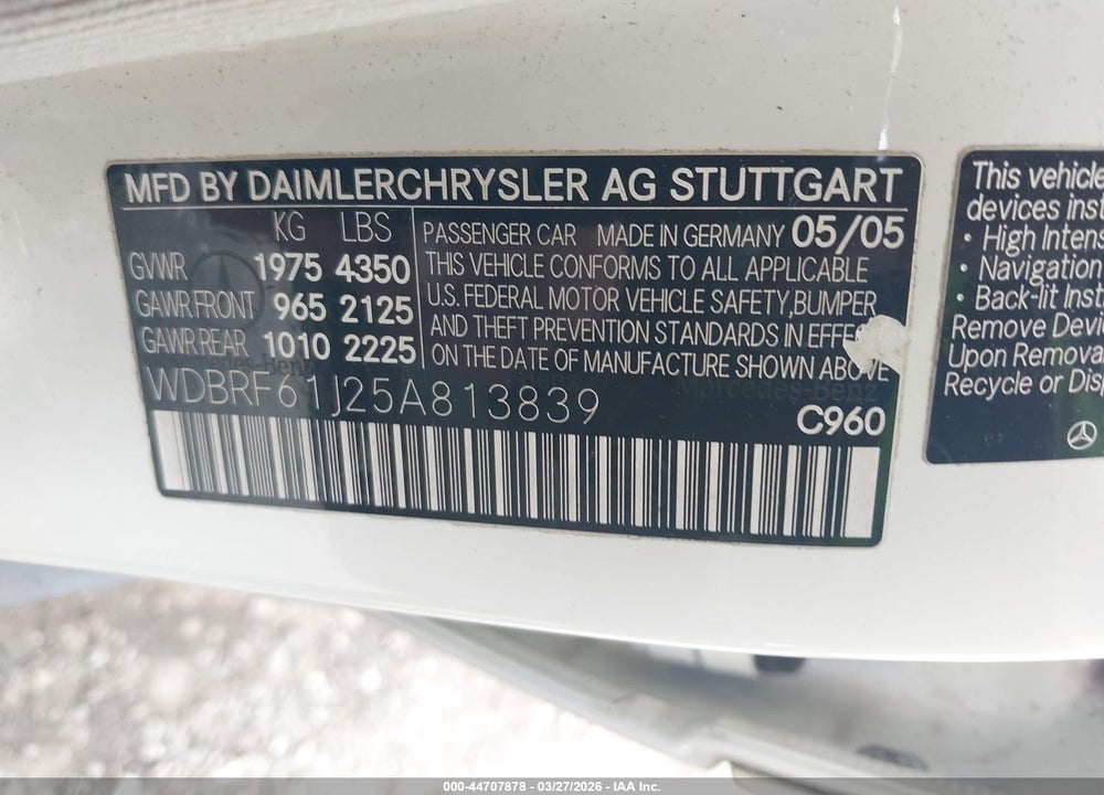 2005 MERCEDES-BENZ C 240 LUXURY VIN: WDBRF61J25A813839