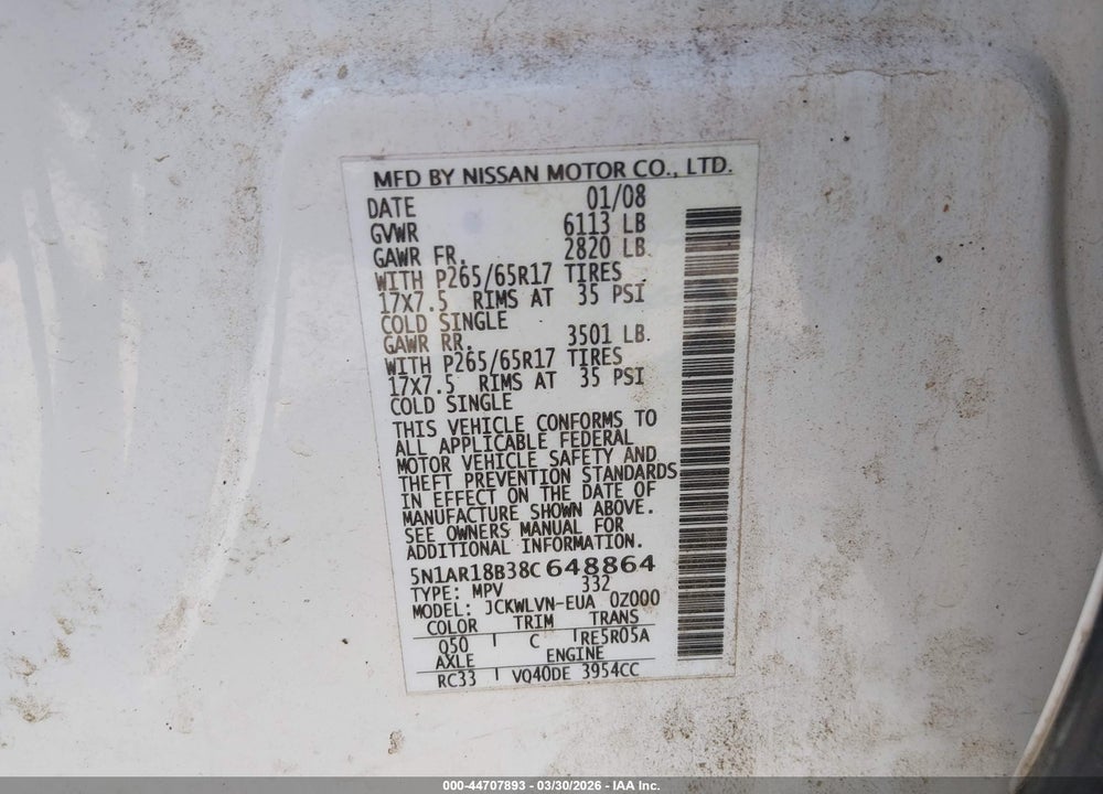 2008 NISSAN PATHFINDER LE VIN: 5N1AR18B38C648864