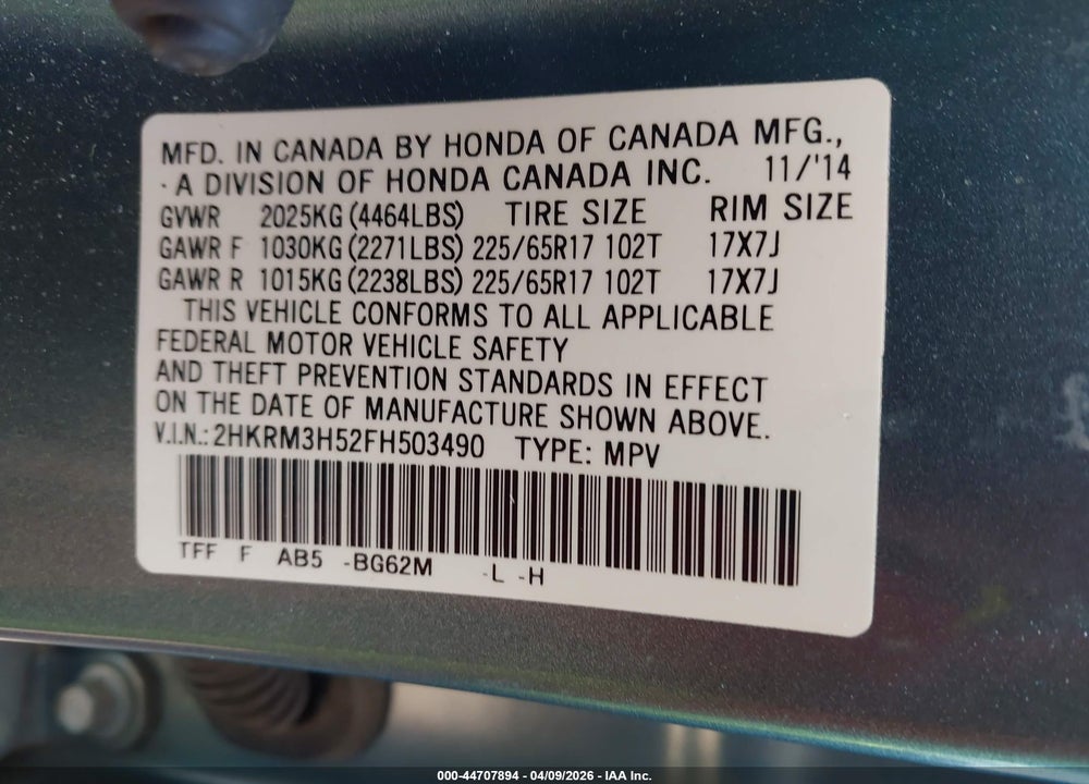 2015 HONDA CR-V EX VIN: 2HKRM3H52FH503490