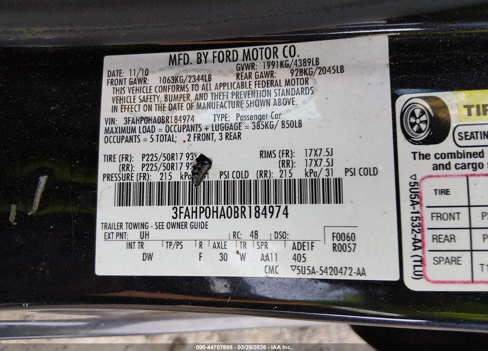 2011 FORD FUSION SE VIN: 3FAHP0HA0BR184974
