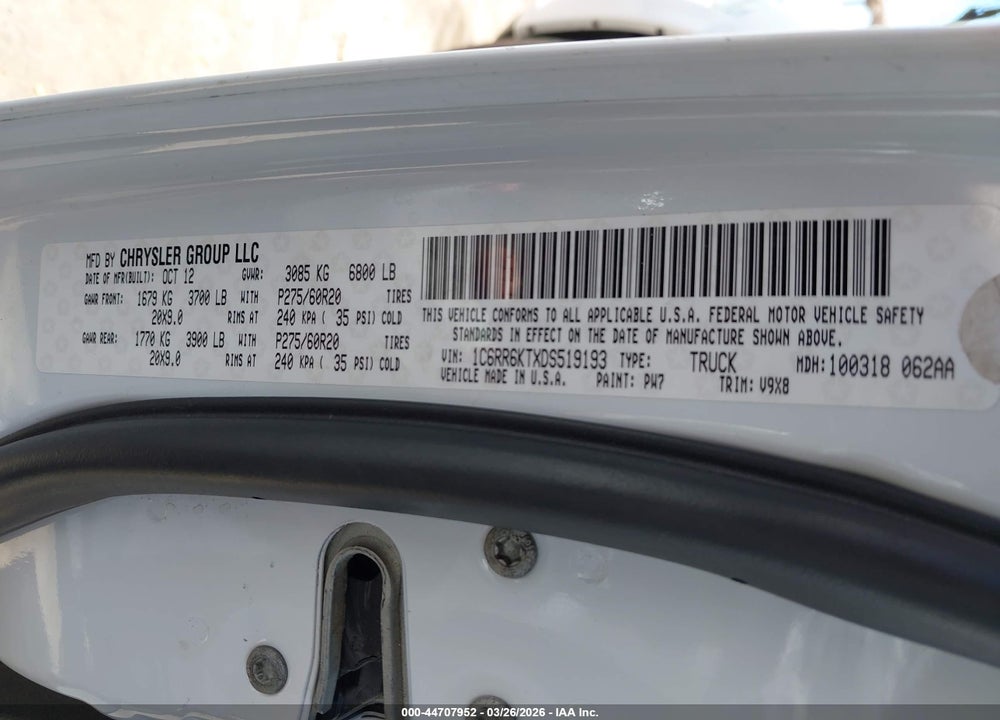 2013 RAM 1500 EXPRESS VIN: 1C6RR6KTXDS519193