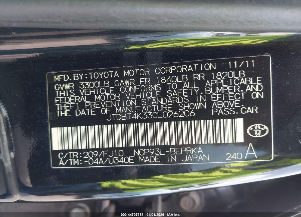 2012 TOYOTA YARIS VIN: JTDBT4K33CL026206