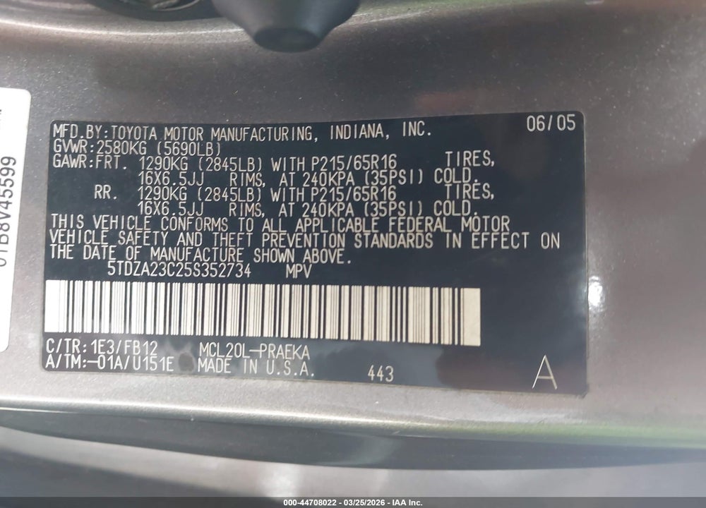 2005 TOYOTA SIENNA LE VIN: 5TDZA23C25S352734