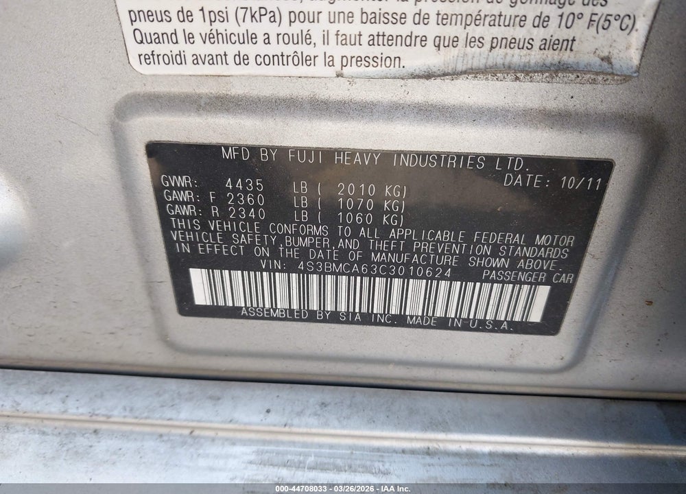 2012 SUBARU LEGACY 2.5I VIN: 4S3BMCA63C3010624