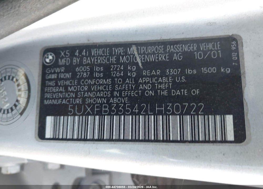 2002 BMW X5 4.4I VIN: 5UXFB33542LH30722