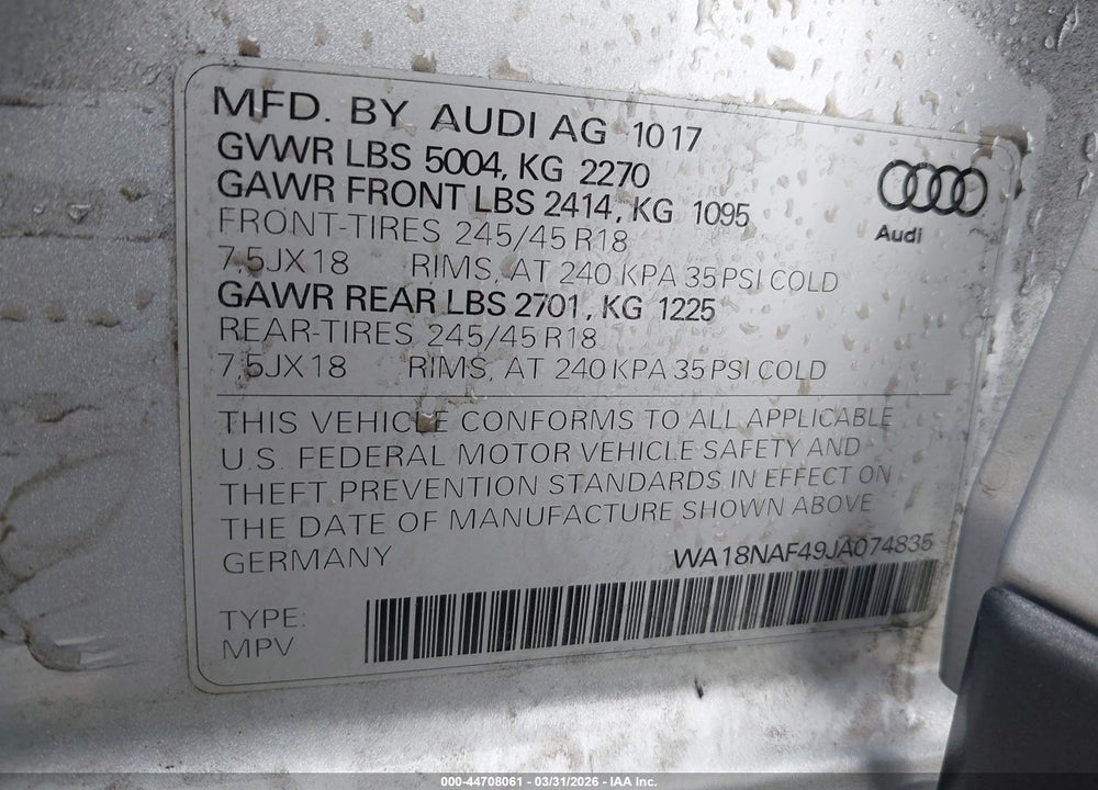 2018 AUDI A4 ALLROAD 2.0T PREMIUM VIN: WA18NAF49JA074835