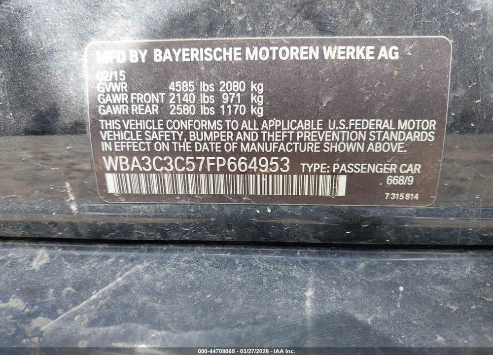 2015 BMW 320I XDRIVE VIN: WBA3C3C57FP664953