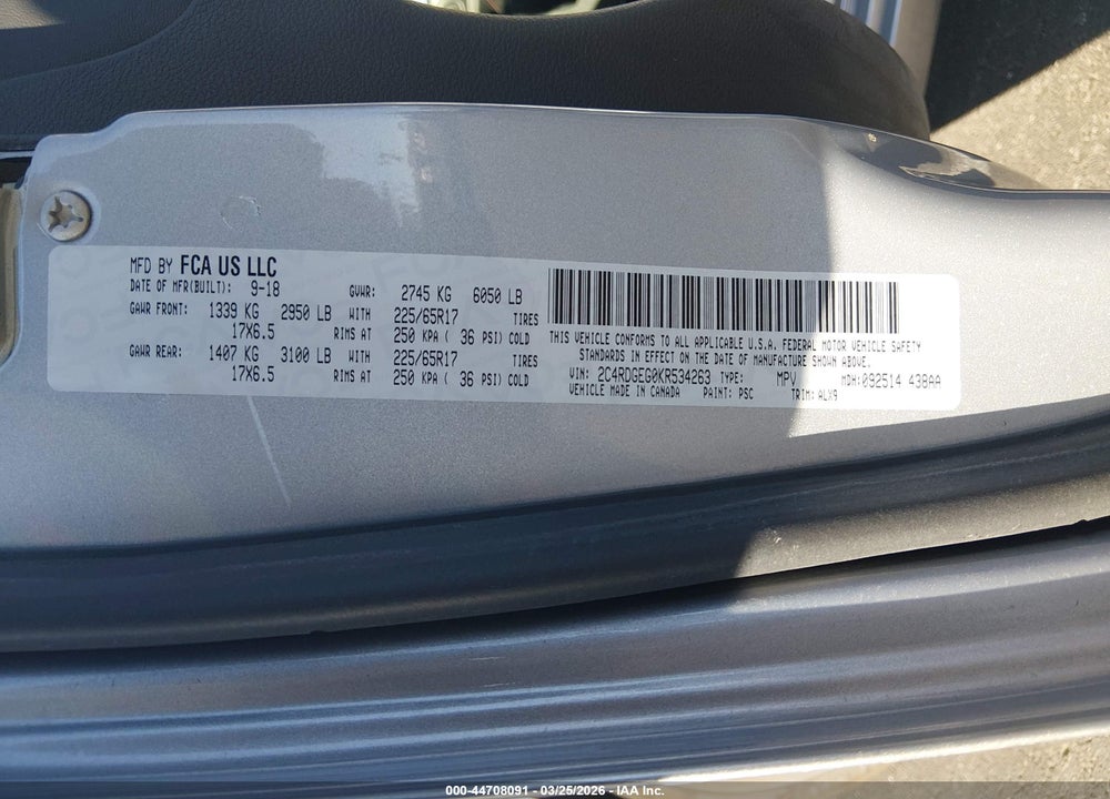 2019 DODGE GRAND CARAVAN GT VIN: 2C4RDGEG0KR534263