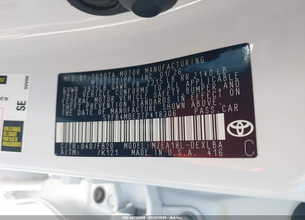 2026 TOYOTA COROLLA LE VIN: 5YFB4MDE2TP418306