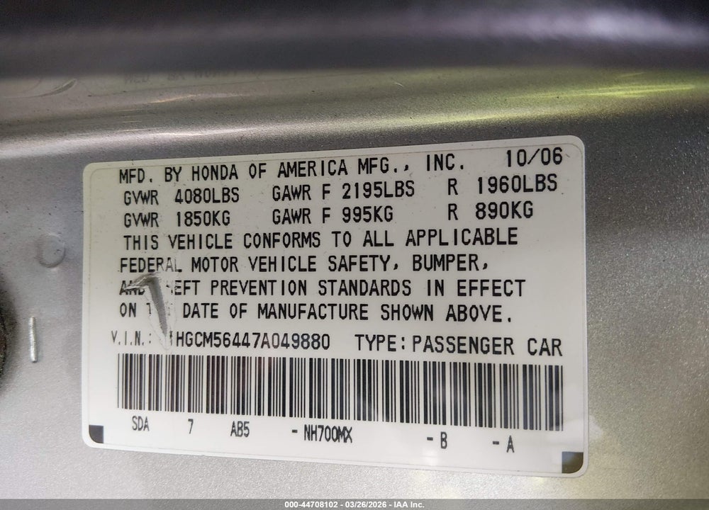 2007 HONDA ACCORD 2.4 LX VIN: 1HGCM56447A049880