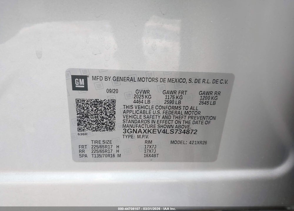 2020 CHEVROLET EQUINOX FWD LT 1.5L TURBO VIN: 3GNAXKEV4LS734872