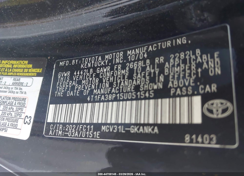 2005 TOYOTA CAMRY SOLARA SE VIN: 4T1FA38P15U051545