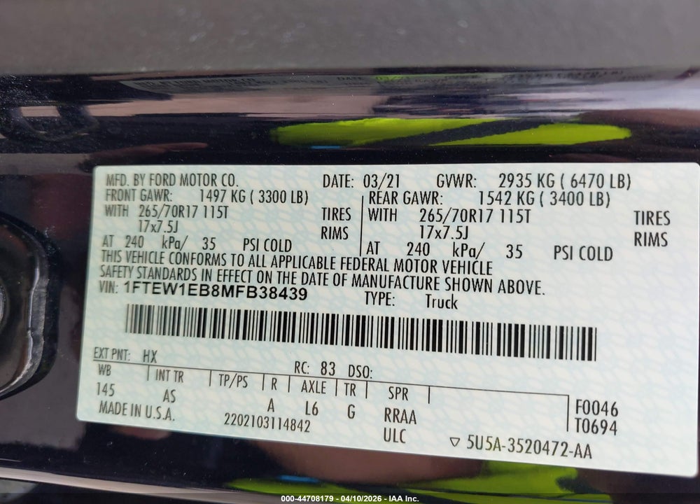 2021 FORD F-150 XL VIN: 1FTEW1EB8MFB38439
