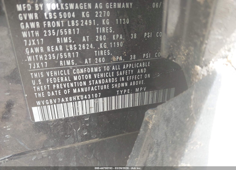 2017 VOLKSWAGEN TIGUAN 2.0T/2.0T S VIN: WVGBV7AX8HK043107