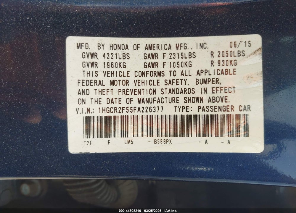2015 HONDA ACCORD SEDAN SPORT VIN: 1HGCR2F55FA226377