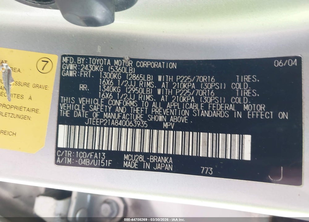 2004 TOYOTA HIGHLANDER V6 VIN: JTEEP21A840063935