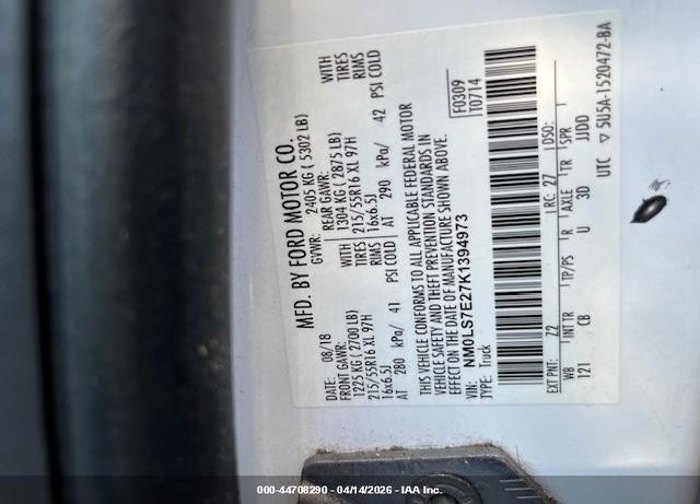 2019 FORD TRANSIT CONNECT XL VIN: NM0LS7E27K1394973