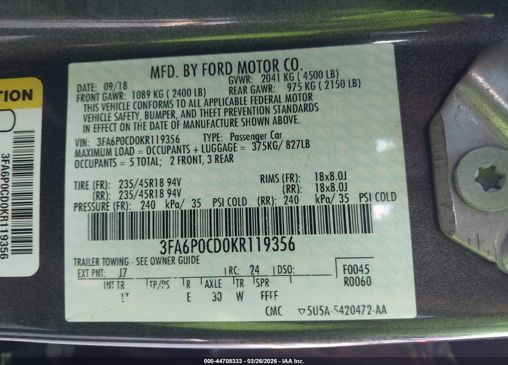 2019 FORD FUSION SEL VIN: 3FA6P0CD0KR119356