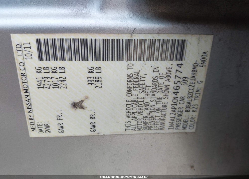 2012 NISSAN ALTIMA 2.5 S VIN: 1N4AL2AP1CN465774