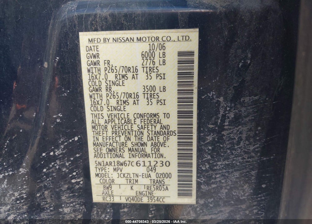 2007 NISSAN PATHFINDER SE VIN: 5N1AR18W67C611230
