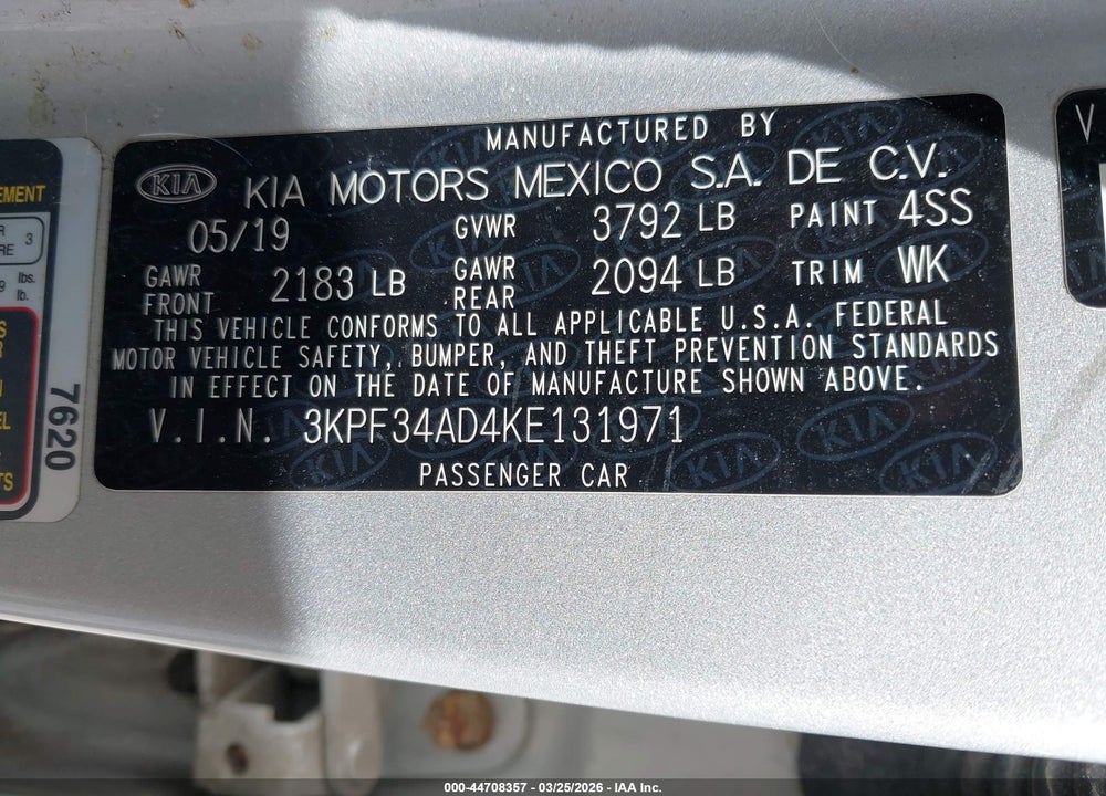 2019 KIA FORTE S VIN: 3KPF34AD4KE131971