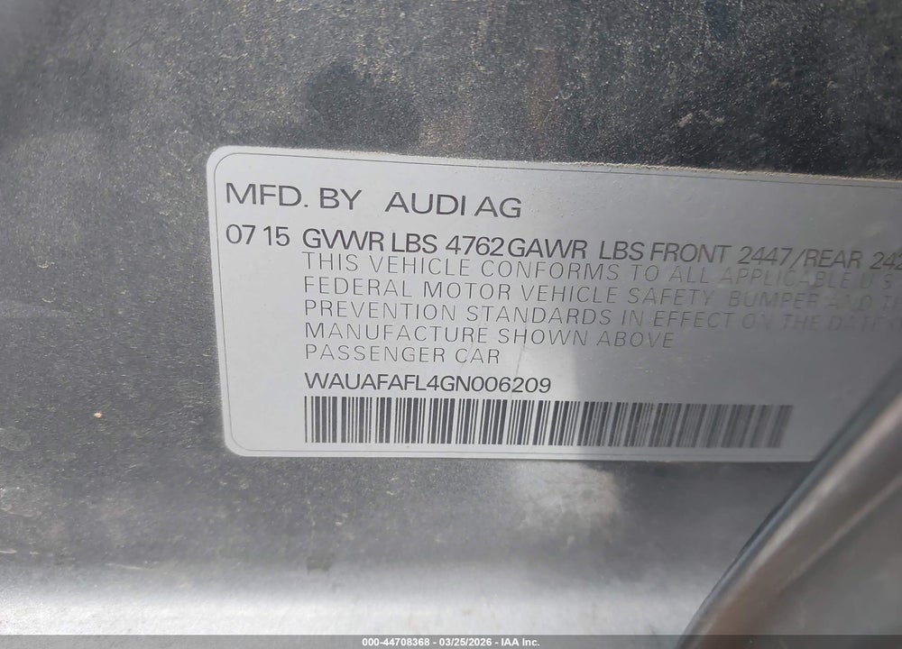 2016 AUDI A4 2.0T PREMIUM VIN: WAUAFAFL4GN006209
