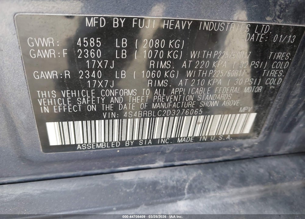 2013 SUBARU OUTBACK 2.5I LIMITED VIN: 4S4BRBLC2D3276065