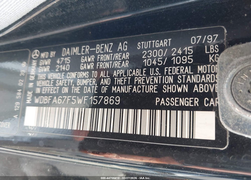 1998 MERCEDES-BENZ SL 500 VIN: WDBFA67F5WF157869