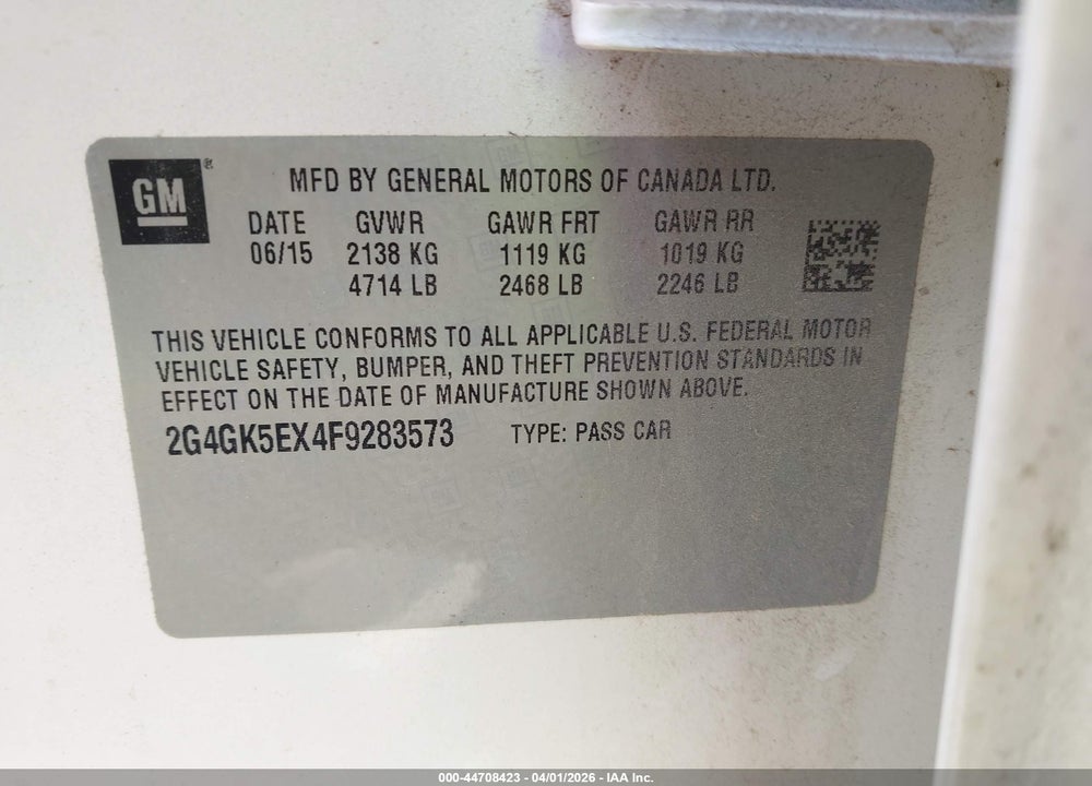 2015 BUICK REGAL TURBO VIN: 2G4GK5EX4F9283573