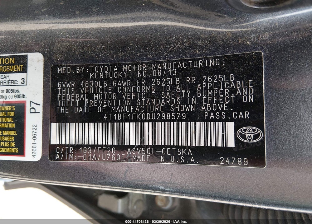 2013 TOYOTA CAMRY SE VIN: 4T1BF1FK0DU298579