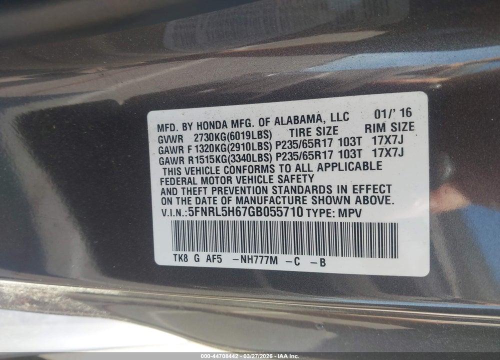 2016 HONDA ODYSSEY EX-L VIN: 5FNRL5H67GB055710
