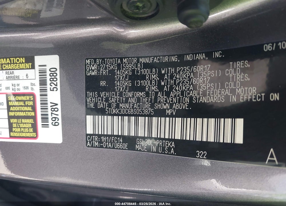 2011 TOYOTA SIENNA LE V6 VIN: 5TDKK3DC6BS053875