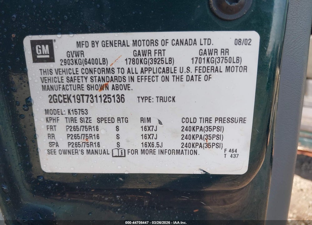 2003 CHEVROLET SILVERADO 1500 LS VIN: 2GCEK19T731125136