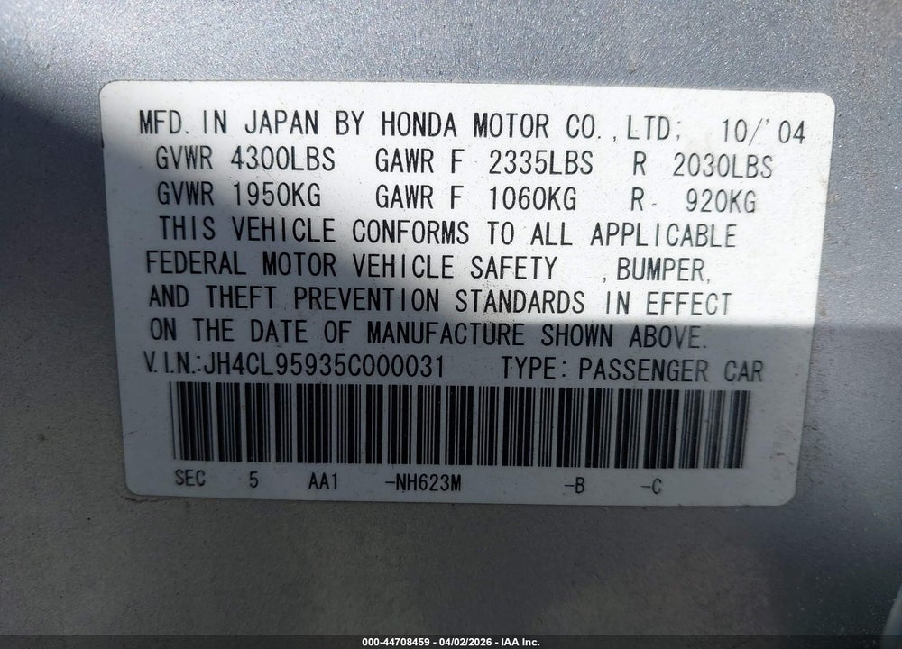 2005 ACURA TSX VIN: JH4CL95935C000031