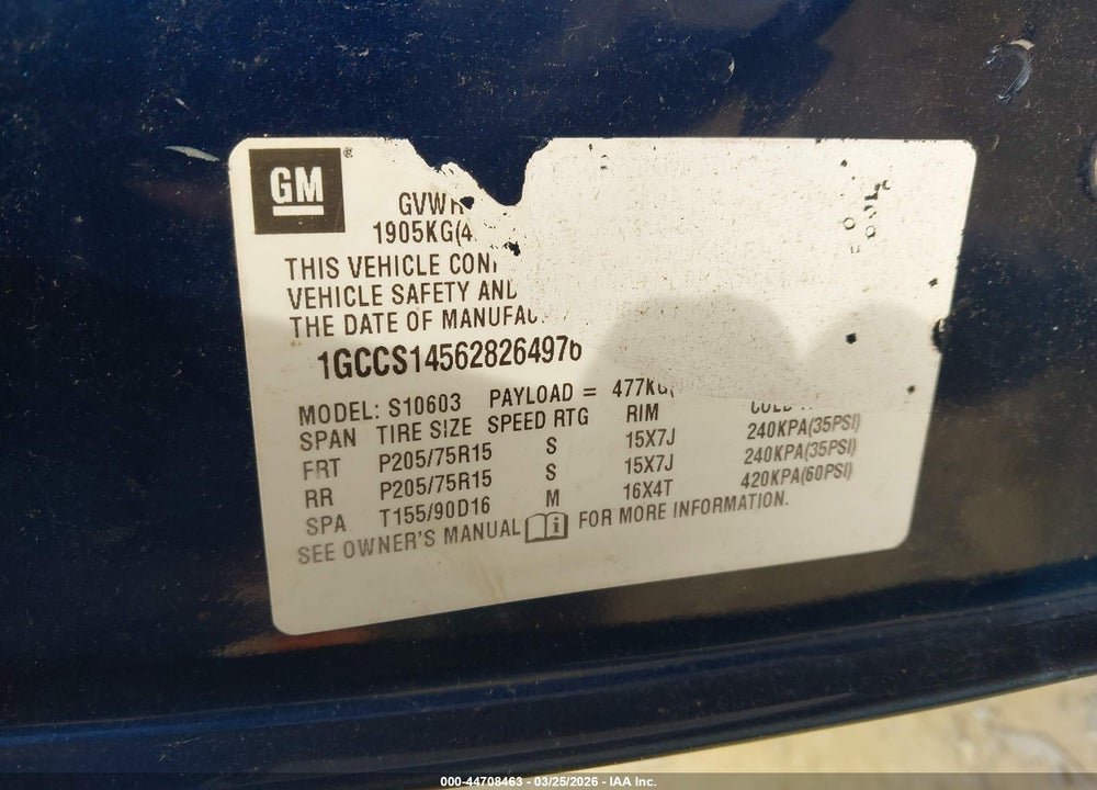 2002 CHEVROLET S-10 VIN: 1GCCS145628264976