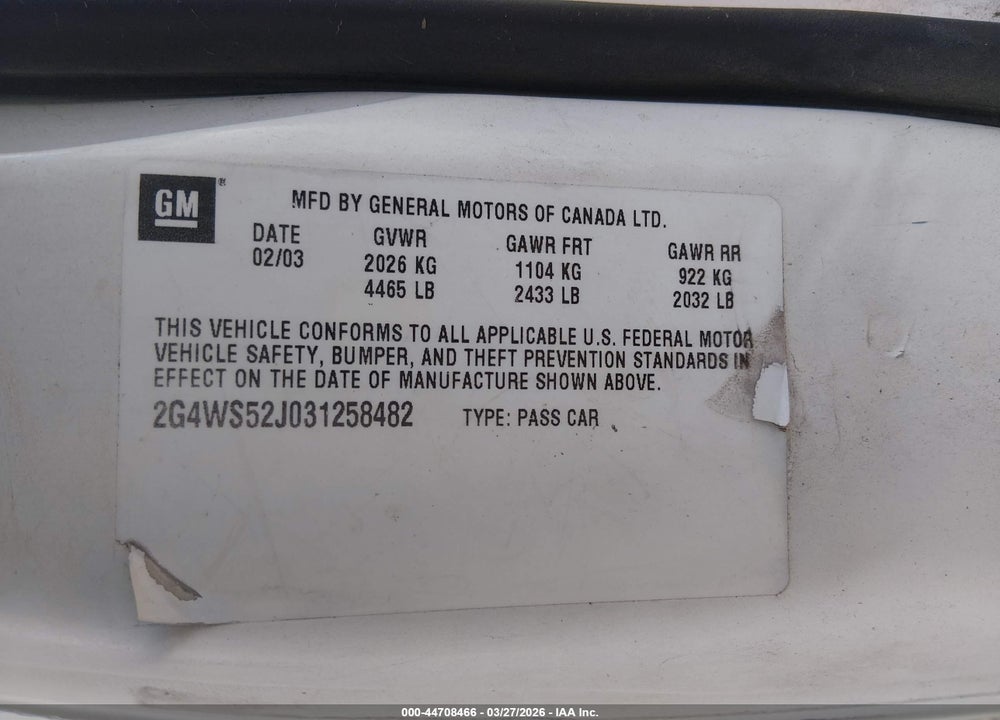 2003 BUICK CENTURY CUSTOM VIN: 2G4WS52J031258482