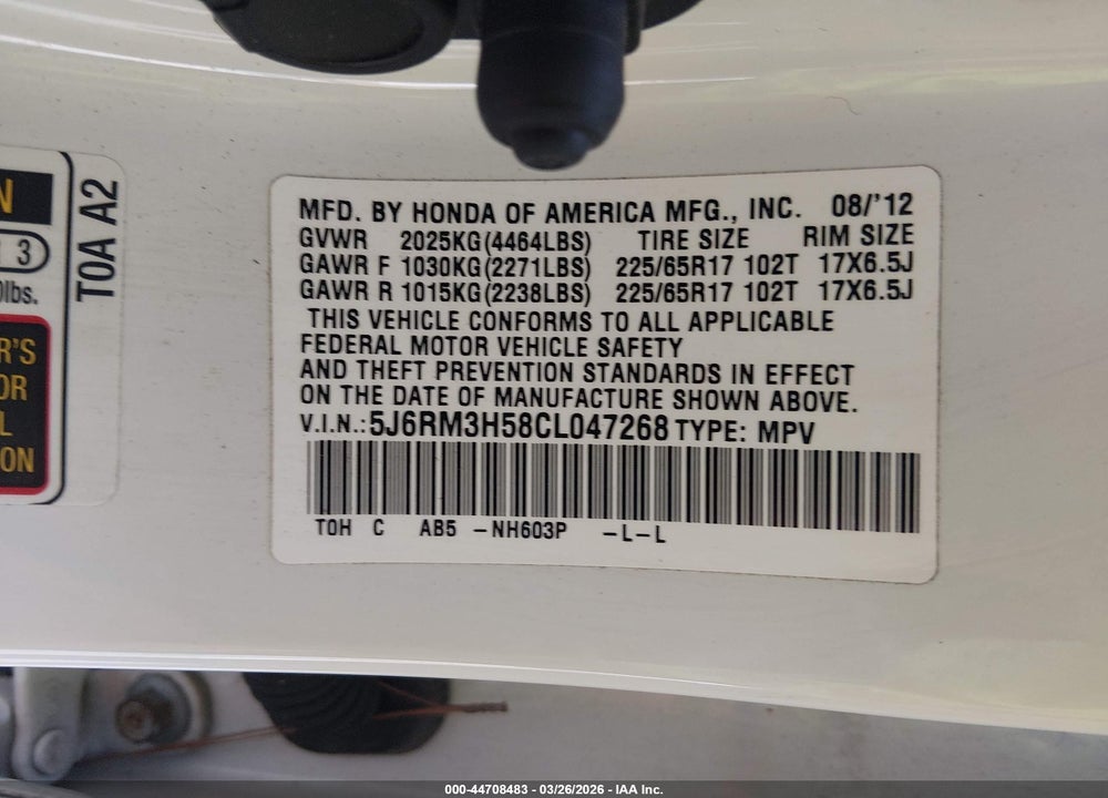 2012 HONDA CR-V EX VIN: 5J6RM3H58CL047268