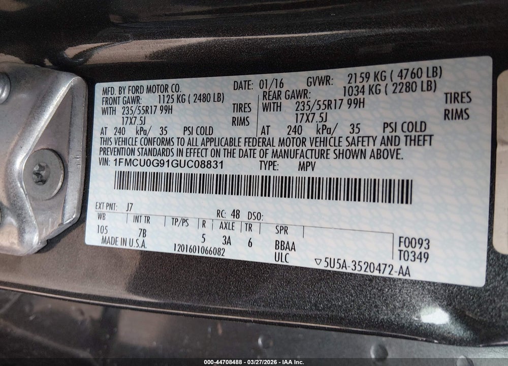 2016 FORD ESCAPE SE VIN: 1FMCU0G91GUC08831