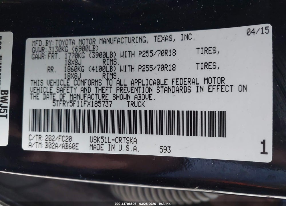 2015 TOYOTA TUNDRA SR5 5.7L V8 VIN: 5TFRY5F11FX185737