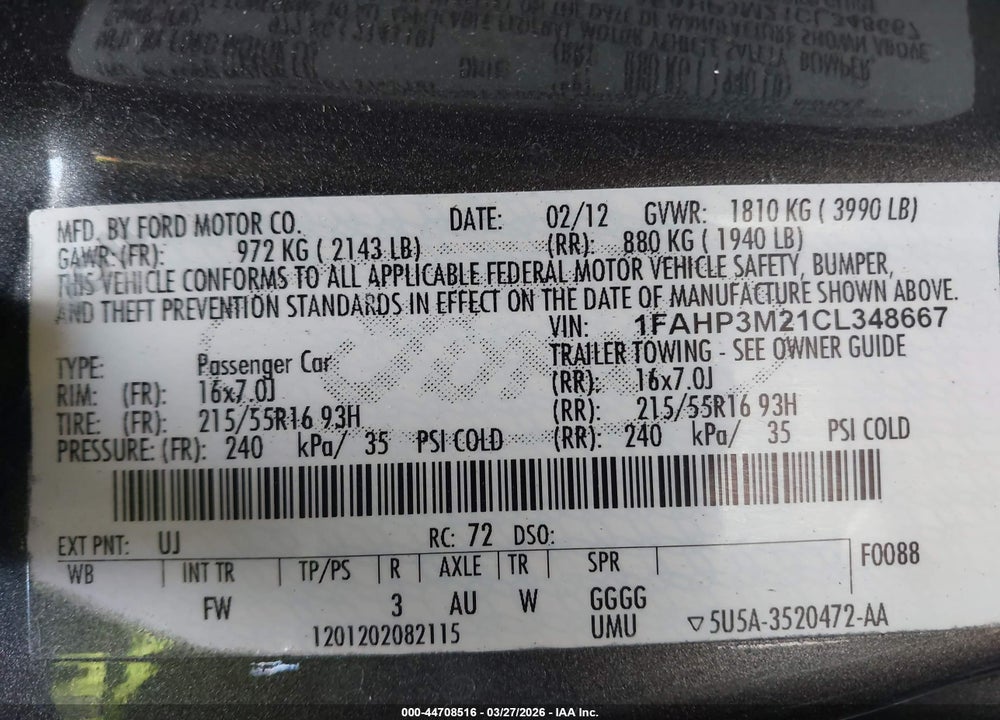 2012 FORD FOCUS SEL VIN: 1FAHP3M21CL348667