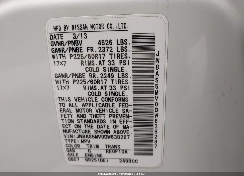 2013 NISSAN ROGUE SV VIN: JN8AS5MV0DW638287