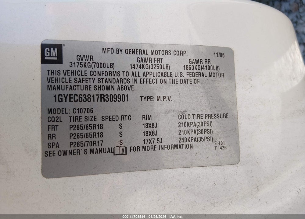 2007 CADILLAC ESCALADE STANDARD VIN: 1GYEC63817R309901