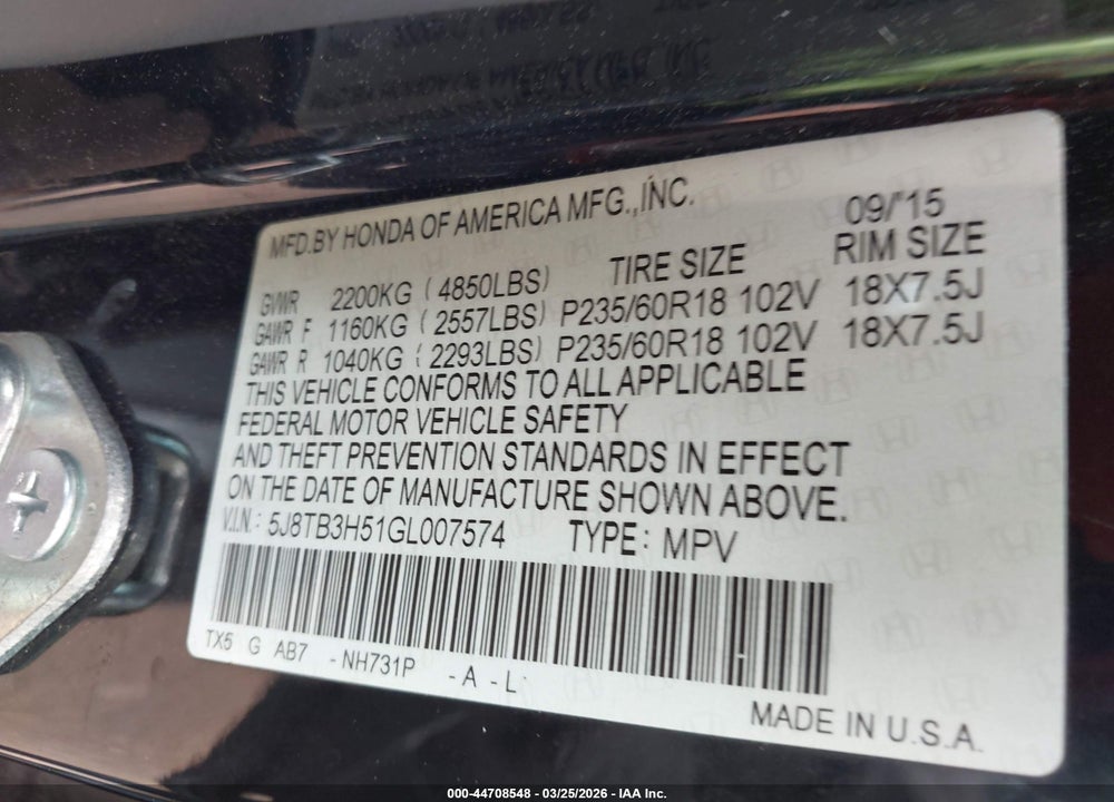 2016 ACURA RDX TECHNOLOGY   WATCH PLUS PACKAGES/TECHNOLOGY PACKAGE VIN: 5J8TB3H51GL007574