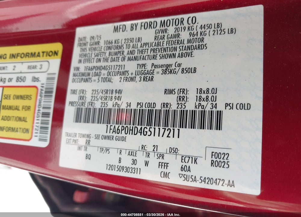 2016 FORD FUSION SE VIN: 1FA6P0HD4G5117211