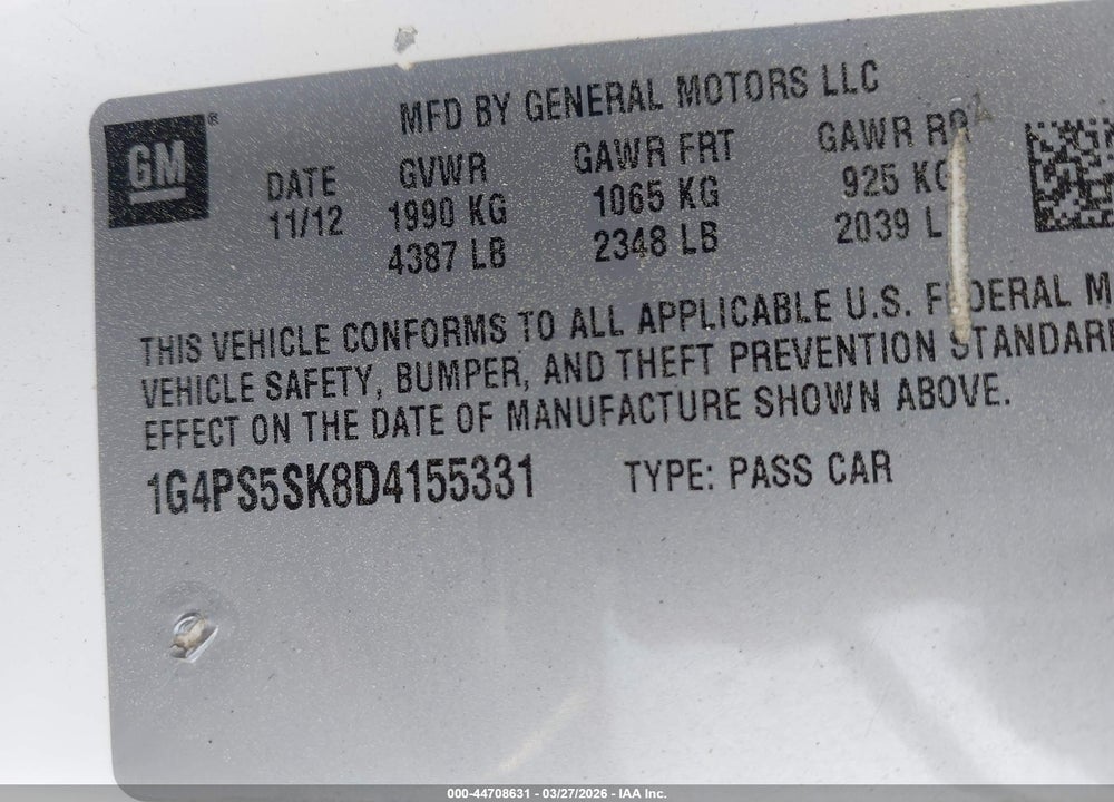 2013 BUICK VERANO LEATHER GROUP VIN: 1G4PS5SK8D4155331