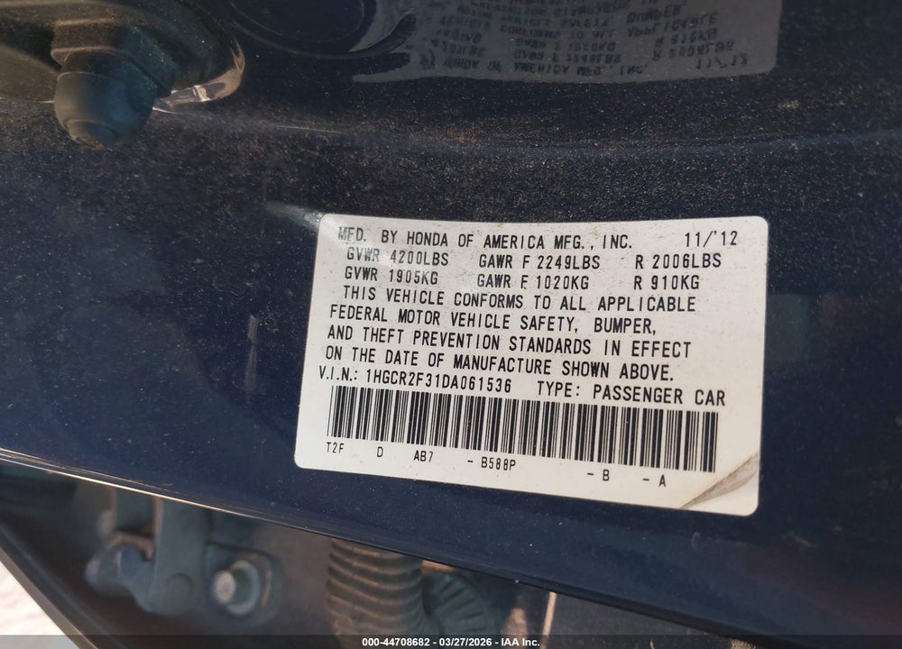 2013 HONDA ACCORD LX VIN: 1HGCR2F31DA061536