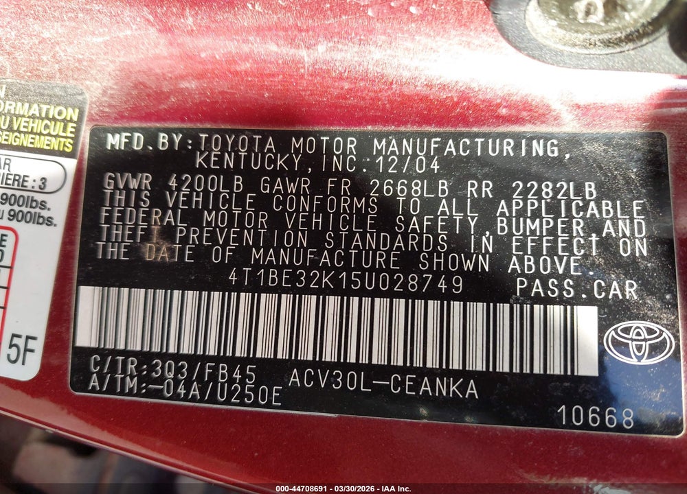2005 TOYOTA CAMRY LE VIN: 4T1BE32K15U028749