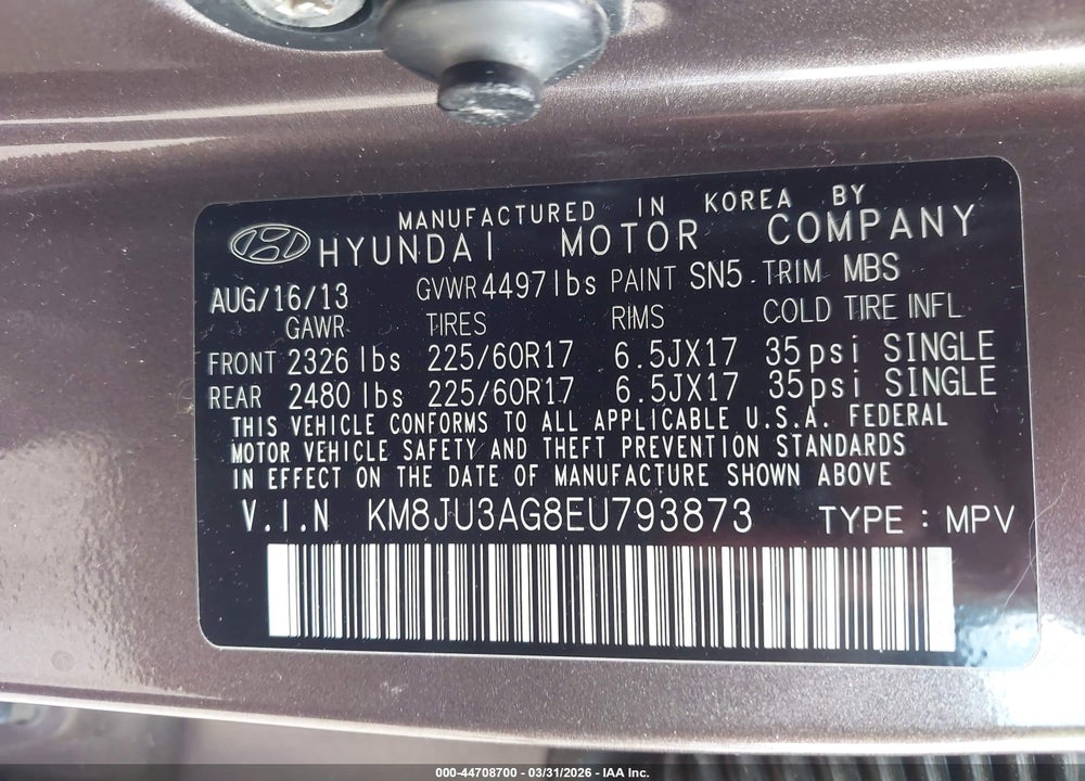 2014 HYUNDAI TUCSON SE VIN: KM8JU3AG8EU793873